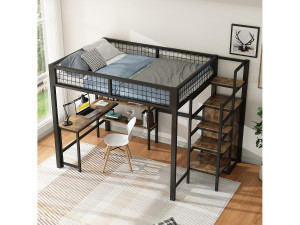 Hauss Spole Kinderhoogslaper 140x200cm met trap en bureau, inclusief planken en kledingkast, frame van metaal en MDF, zonder matras, zwart