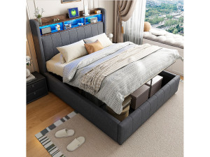 OKWISH Bed met opbergruimte 140x200 cm - linnengrijs - tweepersoonsbed met ledverlichting en USB-oplader - zonder matras