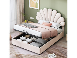 OKWISH Bed met opbergruimte 140x200 cm - beige fluweel - volwassen bed met verstelbaar hoofdbord en lattenbodem - zonder matras