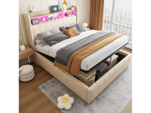 OKWISH Bed met opbergruimte 140x200 cm - linnenbeige - tweepersoonsbed met ledverlichting en USB-oplader - zonder matras