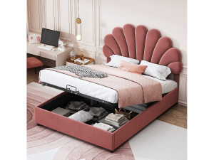OKWISH Bed met opbergruimte 140x200 cm - roze fluweel - volwassen bed met verstelbaar hoofdbord en lattenbodem - zonder matras