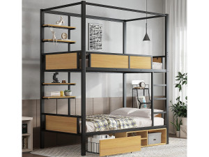 ModernLuxe Stapelbed 90×200 cm - met plank - met 1 lade en opbergruimte - Metaal + MDF - Zwart + Natuur
