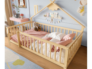 ModernLuxe Kinderbed in hutstijl 90x190cm - met veiligheidsbarrières - massief hout - natuurlijk (zonder matras)