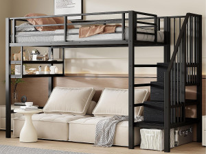 ModernLuxe Loftbed 90x200cm - met opbergtrap - met barrières - zwart (zonder matras)