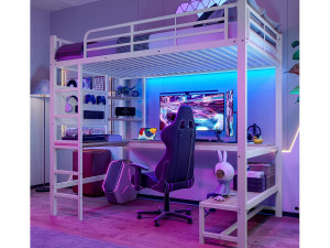 ModernLuxe Loftbed 90x200cm - met bureau + reling - met USB + Type-C aansluitingen - met LED-lichtstrip - wit