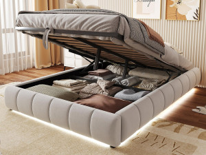 ModernLuxe Gepolsterd opbergbed 140x200cm - met LED-lichtstrip (eenvormige kleur) - Beige (matras niet inbegrepen)