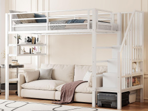 ModernLuxe Loftbed 90x200cm - met opbergtrap - met barrières - wit (zonder matras)