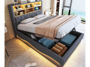 ModernLuxe Kinderopbergbed 140x200 cm - met LED-lichtstrip - met USB-oplaadpoort - linnen - grijs (zonder matras)