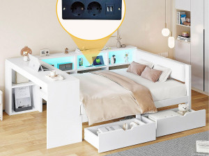 ModernLuxe Kinderbed 140x200cm - met 2 lades en oplaadstation - met gekleurde LED-verlichting - wit (zonder matras)