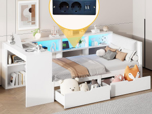 ModernLuxe Kinderbed 90x200cm - met 2 lades en oplaadstation - met gekleurde LED-verlichting - wit (zonder matras)