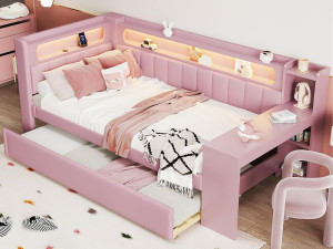 ModernLuxe Gestoffeerde slaapbank 90x200 cm - met USB-poorten en LED - met uitklapbed en bureau - roze (zonder matras)