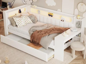 ModernLuxe Sofá-cama estofado 90x200 cm - com portas USB e LED - com cama de baixo e escrivaninha - branco (sem colchão)