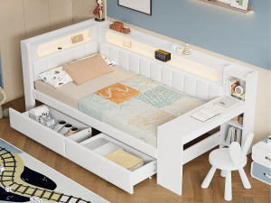 ModernLuxe Gestoffeerde slaapbank 90x200 cm - met USB-poorten en LED - met bureau en 2 laden - wit (zonder matras)