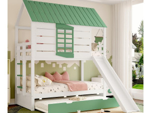 ModernLuxe Stapelbed voor kinderen 90x200 cm - met glijbaan en uitklapbed - wit + groen (zonder matras)