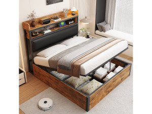 Merax Vintage opbergbed - 140 x 200 - met USB + gestoffeerd hoofdbord met opbergruimte - Metaal + stof + MDF - zwart