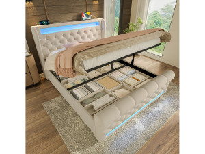 Merax Gestoffeerd opbergbed - 160 x 200 cm - met LED's - opberghoofdeinde en USB - fluweel - beige