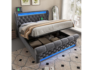 Merax Gestoffeerd opbergbed - 140 x 200 cm - met LED's - opberghoofdeinde en USB - fluweel - grijs