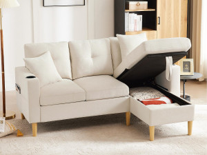 ModernLuxe Moderne 3-zits L-bank - met 2 bekerhouders - 2 kussens - met opbergruimte - beige