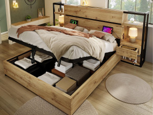 ModernLuxe Opbergbed voor volwassenen 160x200cm van hout - met USB- en Type-C oplaadpoort - met 2 lades - met lattenbodem - Natuur