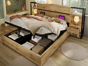 ModernLuxe Cama baú para adultos 180x200cm em madeira - com porta de carregamento USB e Tipo-C - com 2 gavetas - com estrado de ripas - Natural