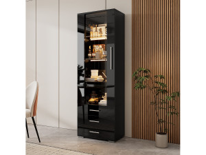 Hauss Spole Hoge vitrinekast met 3 lades en 1 acryl deur, zwart gelakt MDF frame, inclusief LED-verlichting - 60x35x180cm