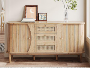 ModernLuxe Buffet 140,5×40×76 cm - 3 rotan laden - 2 schuifdeuren - verstelbare planken - naturel