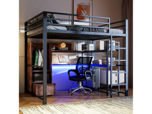 Merax Kinderhoogslaper - 140 x 200 cm - met kledingkast + LED's + bureau + 1 lade - MDF + metaal - zwart