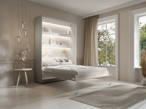 Vente-unique Opklapbaar bed 140 x 200 cm - Verticale handmatige opening - Met LED- Verlichting - Beige - RAPILI