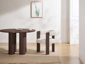 Unique Silla con reposabrazos en tela texturizada y madera de hevea - Crema y natural oscuro LUDVIKA
