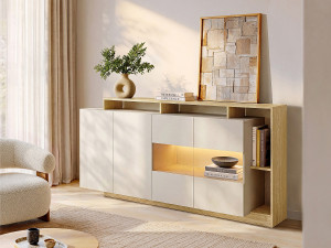 Unique Aparador 4 puertas y 4 huecos con LEDs - Beige y Natural claro - IDESIA