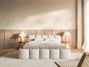 SELSEY Gestoffeerd bed – 200x200 cm – lichtbeige – waterafstotende chenille - CLOUDY LOW