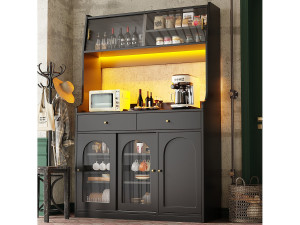 Merax Hoge keukenkast - 120 x 40 x 180 cm - met verstelbare planken + 2 lades + 3 deuren + LED's - MDF + PB - zwart