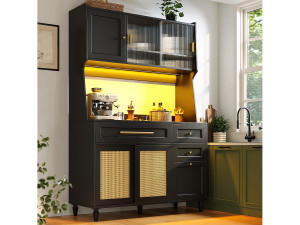 Merax Hoge keukenkast - 120 x 45 x 195,5 cm - met verstelbare planken + 3 lades + 3 deuren + LED's - MDF + PE rotan - zwart
