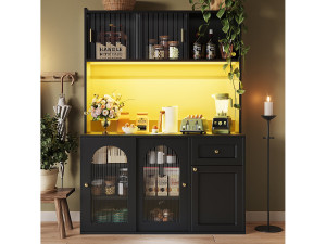 Merax Hoge keukenkast - 120 x 35 x 167 cm - met verstelbare planken + 3 deuren + 1 lade + LED's - MDF + PB - zwart