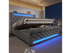 Hauss Spole Volwassen opbergbed 140x200cm met LED en USB type-C, grijze fluwelen stof, lattenbodem, zonder matras