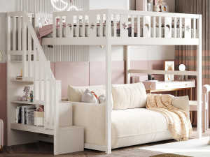 ModernLuxe Kinder stapelbed 140x200cm - Met trap - Met veiligheidshekken - Met opbergruimte - Wit (zonder matras)