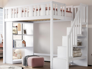 ModernLuxe Mezzanine bed 90x200cm - met opbergglijders - met opbergruimtes - wit (matras niet inbegrepen)