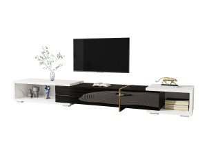 TV-meubel met variabele lengte (140-260cm), modern design, gemarmerd wit en zwart, met draaifuncties, (140-260x30x50cm)