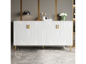 Wit dressoir met uniek golfdesign, gouden handgrepen en poten, MDF, voor een elegante eetruimte (152x40x75 cm)