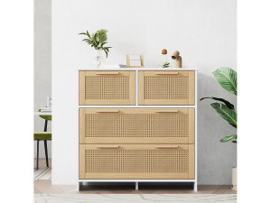 Rotan ladekast, 4-ladenkast met massief houten handgrepen, natuurlijk design, voor woonkamer en hal (80x25x90 cm)