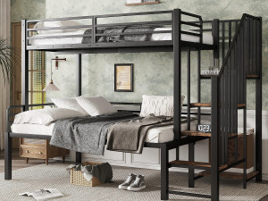 ModernLuxe Stapelbed 90×200 cm + 120×200 cm - veiligheidstrap met 4 treden - Metaal + MDF - Zwart + Natuur