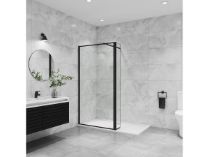 Aica Inloopdouche-douchewand 120+30x200cm,8mm mat zwart kader en raste gehard glas Easyclean,antikalk,stabilisatiestang 73-120cm (verstelbaar),mat