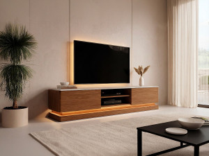 Vente-unique TV meubel met 2 lades en 2 nissen met LEDs in MDF - Donker naturel en beige - DEVIKA van Pascal MORABITO