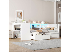 Merax Kindercombinatiebed - 90 x 200 - met opbergplanken + 2 lades + LED's + tafel - MDF - wit