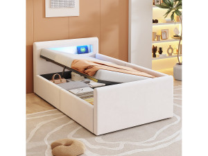 Merax Gestoffeerd kinderbed met opbergruimte - 90 x 200 cm - met LED's + USB - hoofdeinde met plank - fluweel + MDF - beige