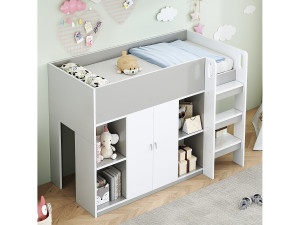 Merax Kinderhoogslaper - 90 x 200 - opbergruimte met 2 deuren - met kledingkast + planken - hout + MDF - grijs