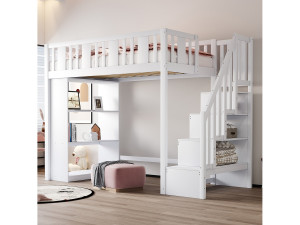 Merax Kinderhoogslaper - 90 x 200 cm - met opbergruimte in de trap en opbergplank - hout + MDF - wit