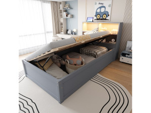 Merax Kinderbed met opbergruimte - 90 x 200 cm - met LED's + hoofdeinde met opbergruimte - hout + MDF - grijs