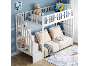 Merax Kinderhoogslaper - 90 x 200 - met opbergruimte in de trap + veiligheidshekje - hout + MDF - wit