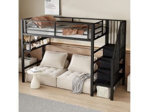 Hauss Spole Kindermezzaninebed 90x200cm in zwart metaal, met trap en opbergplanken, inclusief bedbodem, zonder matras